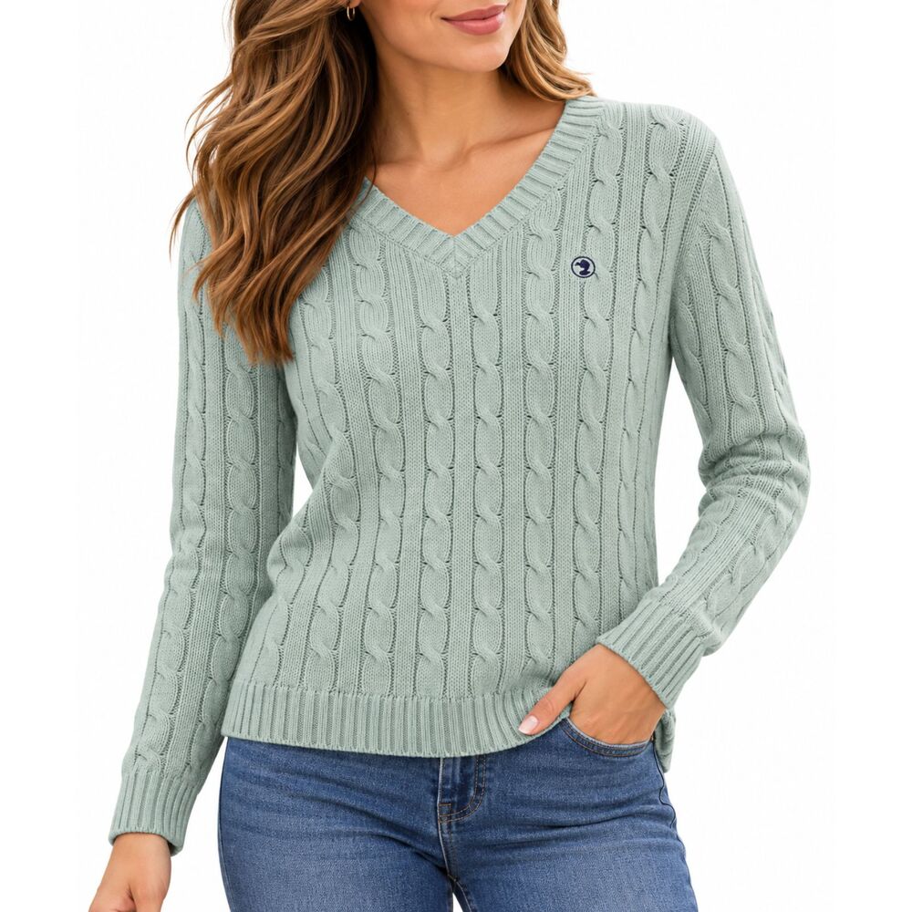 Duck Head 100% Cotton Women Green Solid Cable Knit V-Neck Pullover Sweater L